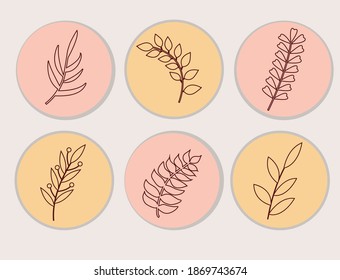 Abstract modern plants line, round shapes for buttons or logo. Scandinavian minimalism style. Floral Decoration Branch Leaf. Vector illustration