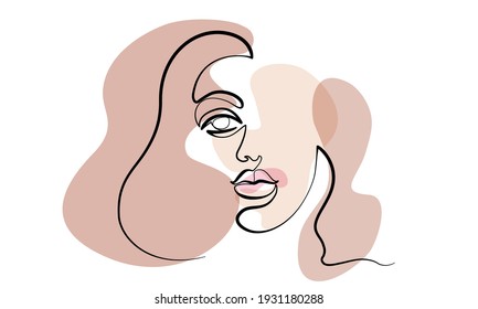 Abstract Modern Portrait Of Woman. Face One Line Drawing With Color Spots. Portrait Minimalistic Style. Vector Illustration