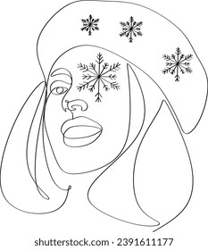 Abstract modern portraits of a woman in a cozy warm hat. Linear vector illustration. Snowflakes, gifts. Winter mood