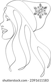 Abstract modern portraits of a woman in a cozy warm hat. Linear vector illustration. Snowflakes, gifts. Winter mood
