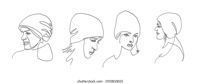 Abstract modern portraits of woman in warm hat. Continuous line, Vector illustration.