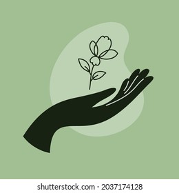 Abstract modern poster of black female hand with blooming flower. Contemporary art illustration in trendy linear style, color abstract shape. Woman holding rose. Vector logo for cosmetics, jewelry