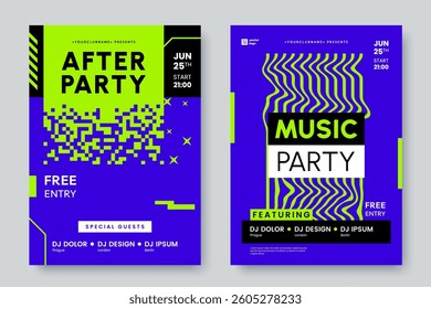 Abstract modern poster design for club party. Invitation flyer for music event. After party announcement. Glitch geometric background in acid colors. Vector illustration