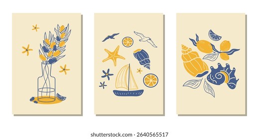 Abstract modern poster with shells, sailboat, lemons, olive bouquet. Summer holidays in Italy. Elegant vector design for postcards, banners, menus, covers and more.