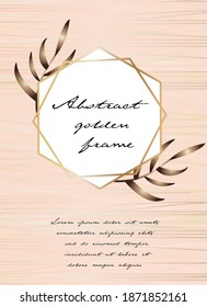 Abstract modern poster template for flyer, greeting card with gold frame, tropical leaves plants. Scandinavian line style. Vector illustration