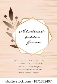 Abstract modern poster template for flyer, greeting card with gold frame, tropical leaves plants. Scandinavian line style. Vector illustration