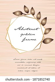 Abstract modern poster template for flyer, greeting card with gold frame, tropical leaves plants. Scandinavian line style. Vector illustration