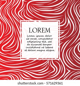 Abstract modern poster with white confetti, frame and space for text. Vector illustration wrapping paper. Texture of serpentine on red background. Festive banner, card.