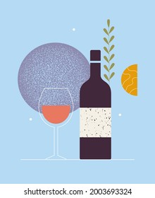 Resumen póster moderno de botella de vino, vidrio. Cóctel, bebida alcohólica. Concepto de degustación de vinos. Plantilla de invitación para un evento, festival. Diseño gráfico para el restaurante. Ilustración vectorial aislada