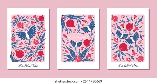 Abstract modern posters with birds, floral patterns, ripe pomegranates, and text. A set of beautiful and aesthetic backgrounds. Vector design for banners, postcards, invitations, and more.