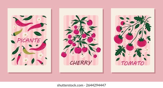 Abstract modern posters with cherries, tomatoes, and chili peppers. A set of aesthetic minimalist backgrounds. Vector design for banners, menus, posters, invitations, and more.