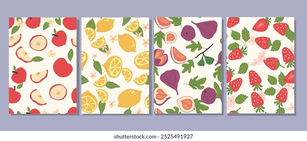 Abstract modern posters with fruits, flat design collection. Set of Vertical cards with tropical fruits whole, slices, pieces. Apple, lemon, figs, strawberries pattern set.