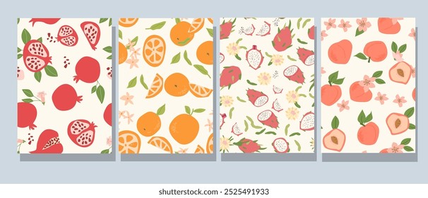 Abstract modern posters with fruits, flat design collection. Set of Vertical cards with tropical fruits whole, slices, pieces. Pomegranate, orange, dragon fruits, peach patterns set. Cover design