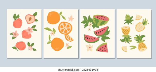Abstract modern posters with fruits, flat design collection. Set of Vertical cards with tropical fruits whole, slices, pieces. Pineapple, watermelon, orange and peach posters set.