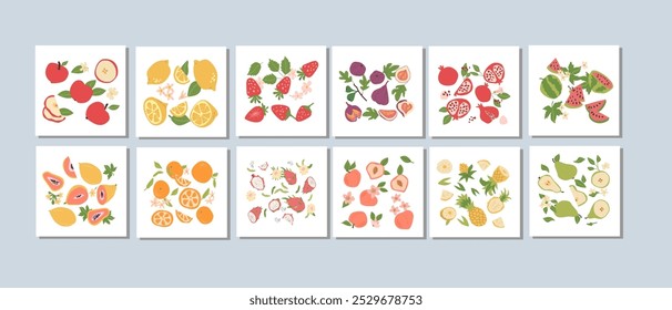 Abstract modern posters with fruits, flat collection. Set of square cards with tropical fruits whole, slices, pieces. Apple, lemon, strawberry, figs, pomegranate, papaya, orange, other fruit posters