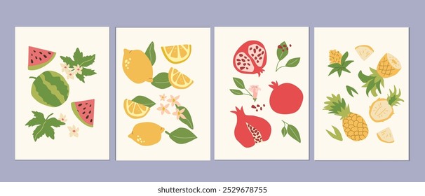 Abstract modern posters with fruits, flat design collection. Set of Vertical cards with tropical fruits whole, slices, pieces.Watermelon, lemons, pineapple, pomegranate