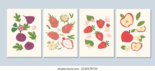 Abstract modern posters with fruits, flat design collection. Set of Vertical cards with tropical fruits whole, slices, pieces. Figs, dragon fruits, strawberries, apple posters set.