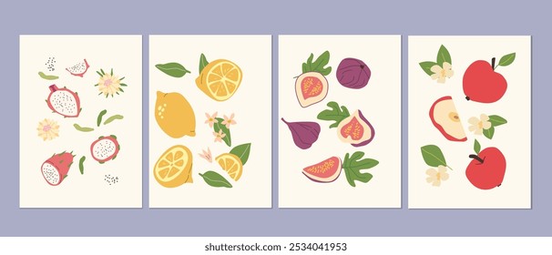 Abstract modern posters with fruits, flat design collection. Set of Vertical cards with tropical fruits whole, slices, pieces. Dragon fruits, lemons, figs, apples posters set.