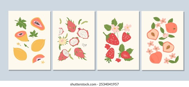 Abstractas carteles modernos con frutas, colección de diseño plano. Conjunto de tarjetas de Vertical con frutas tropicales enteras, rebanadas, piezas. Conjunto de carteles de papaya, fruta del dragón, fresa y melocotón.