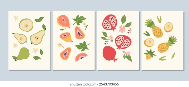 Abstract modern posters with fruits, flat design collection. Set of Vertical cards with tropical fruits whole, slices, pieces. Papaya, pear, pomegranate, pineapple