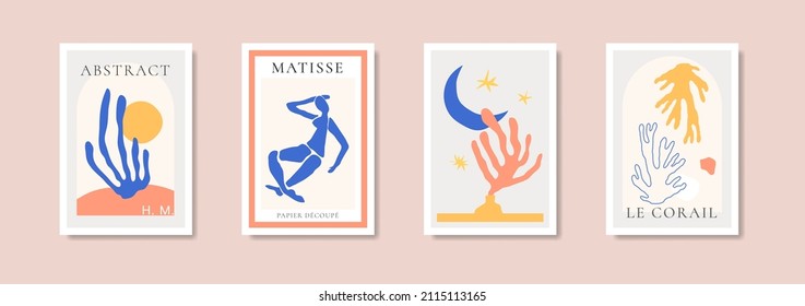 Abstract modern posters in Matisse style. Contemporary print with nature-inspired, irregular cutouts shapes. Retro boho wall decor paintings with seaweed coral, woman silhouette. Vector illustration.