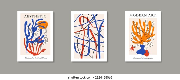 Abstract modern posters in Matisse style. Contemporary print with nature-inspired, irregular cutouts shapes. Retro boho wall decor paintings with seaweed coral, chaotic lines. Vector illustration.