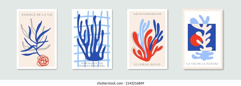 Abstrakte moderne Plakate im matisse-Stil. Zeitgenössischer Druck mit naturinspirierten, unregelmäßigen Schnittformen. Wanddekoration mit Retro-Bildern mit Blumen, Algenkorallen, chaotischen Linien. Vektorgrafik.