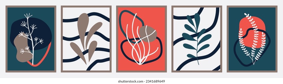 Abstract modern posters in Matisse style. Contemporary print with nature-inspired, irregular cutouts shapes. Retro wall decor paintings with floral, seaweed, chaotic lines. Vector illustration