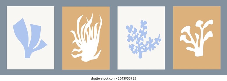 Abstract modern posters in Matisse style. Contemporary print with nature themed, irregular shapes. Retro wall decor paintings with floral, seaweed coral, chaotic shapes. Vector illustration collection