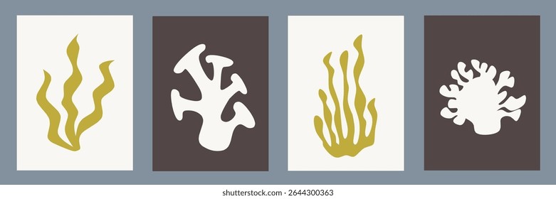 Abstract modern posters in Matisse style. Contemporary print with nature themed, irregular shapes. Retro wall decor paintings with floral, seaweed coral, chaotic shapes. Vector illustration collection