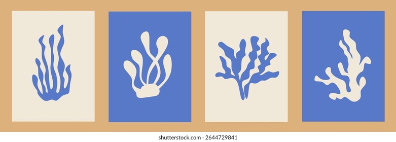 Abstract modern posters in Matisse style. Contemporary print, nature themed, irregular chaotic shapes. Retro silhouette wall decor paintings with floral, seaweed coral. Vector illustration collection.