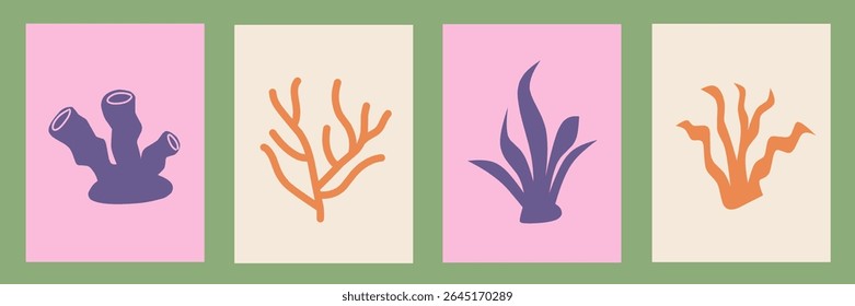 Abstract modern posters in Matisse style. Contemporary print, nature themed, irregular chaotic shapes. Retro silhouette wall decor paintings with floral, seaweed coral. Vector illustration collection.