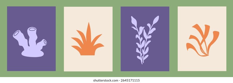 Abstract modern posters in Matisse style. Contemporary print, nature themed, irregular chaotic shapes. Retro silhouette wall decor paintings with floral, seaweed coral. Vector illustration collection.