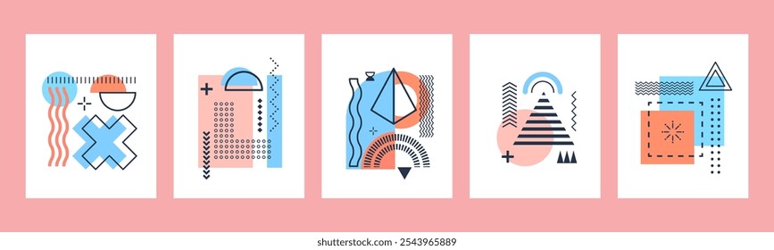 Abstract modern posters with Memphis geometric shapes and elements, vector backgrounds. Memphis posters or covers with trendy abstract geometric simple shapes and minimal figures of 80s or 90s art