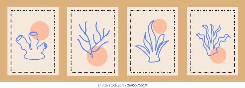 Abstract modern posters with outline coral. Contemporary print, nature themed, irregular chaotic shapes. Retro wall decor paintings with floral, seaweed, coastal. Vector illustration card collection.