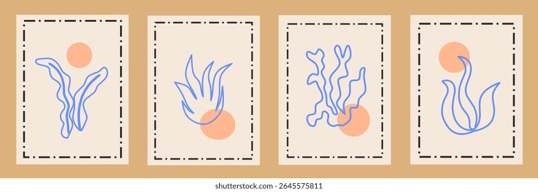 Abstract modern posters with outline coral. Contemporary print, nature themed, irregular chaotic shapes. Retro wall decor paintings with floral, seaweed, coastal. Vector illustration card collection.