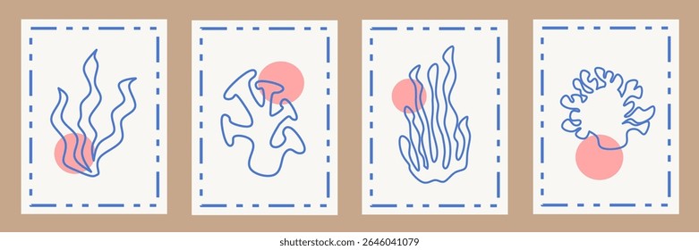 Abstract modern posters with outline coral. Contemporary print, nature themed, irregular chaotic shapes. Retro wall decor paintings with floral, seaweed, coastal. Vector illustration card collection.