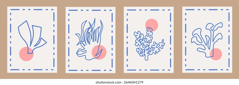 Abstract modern posters with outline coral. Contemporary print, nature themed, irregular chaotic shapes. Retro wall decor paintings with floral, seaweed, coastal. Vector illustration card collection.