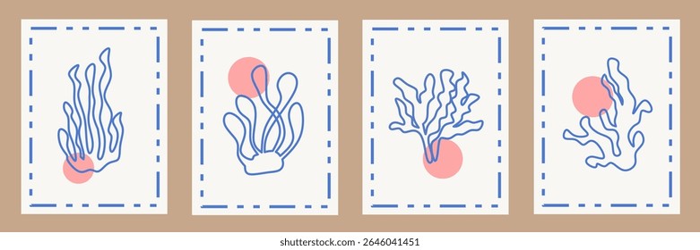 Abstract modern posters with outline coral. Contemporary print, nature themed, irregular chaotic shapes. Retro wall decor paintings with floral, seaweed, coastal. Vector illustration card collection.