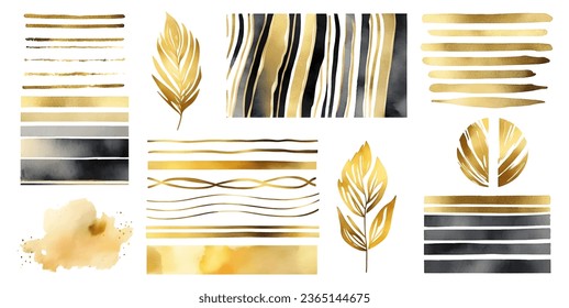 Abstract modern print set of gold and black watercolor lines and stripes elements on white background