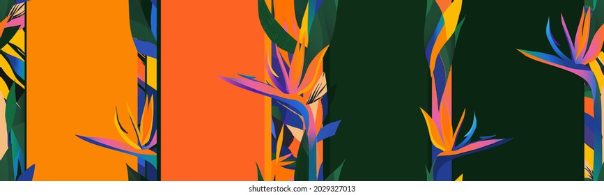 Abstract modern print with strelitzia flowers. Contemporary seamless pattern. Bright juicy colors. Fashionable template for design.