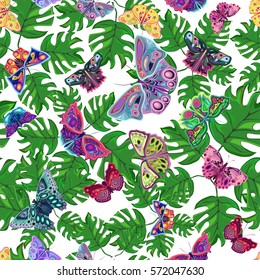 abstract modern print for textile texture, colorful butterflies and tropical leaves, seamless pattern