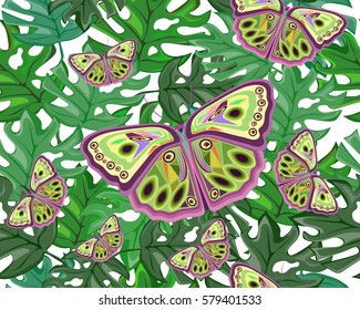 abstract modern print for textile texture, green butterflies and tropical leaves, seamless pattern