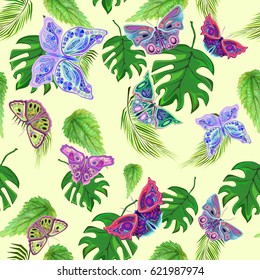 abstract modern print for textile texture, colorful butterflies and tropical leaves on tender yellow background, seamless pattern