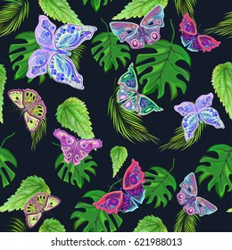 abstract modern print for textile texture, colorful butterflies and tropical leaves, seamless pattern