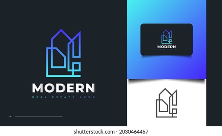 Abstract and Modern Real Estate Logo Design in Blue Gradient with Line Style. Construction, Architecture or Building Logo Design