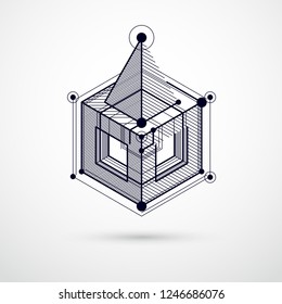 Abstract modern retro black and white 3D background, geometric futuristic shapes vector illustration. Abstract scheme of engine or engineering mechanism.