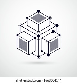 Abstract modern retro black and white 3D background, geometric futuristic shapes vector illustration. Abstract scheme of engine or engineering mechanism.