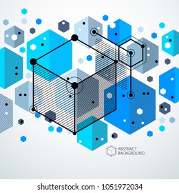 Abstract modern retro blue 3D background, geometric futuristic shapes vector illustration. Abstract scheme of engine or engineering mechanism.