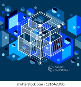 Abstract modern retro blue black 3D background, geometric futuristic shapes vector illustration. Abstract scheme of engine or engineering mechanism.